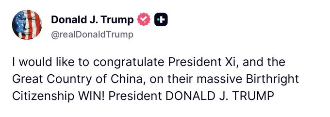 RealPatriotQ47's tweet photo. BREAKING: President Trump congratulates China and President Xi after Supreme Court’s decision on Birthright Citizenship

Trump is right, what a shame
#trumpXrp #Xlm #everyone #usa #news #everyonehighlightsfollowers https://t.co/NZaQpIOlsR