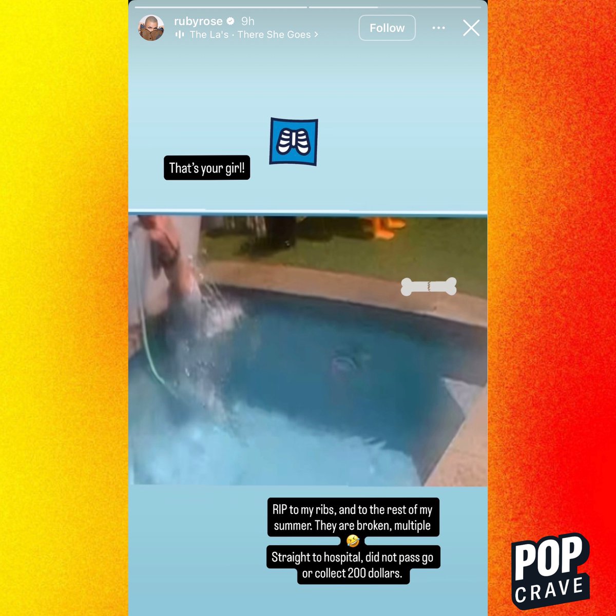 PopCrave's tweet photo. Ruby Rose breaks multiple ribs after falling into her pool. https://t.co/oVC8s6kJi2