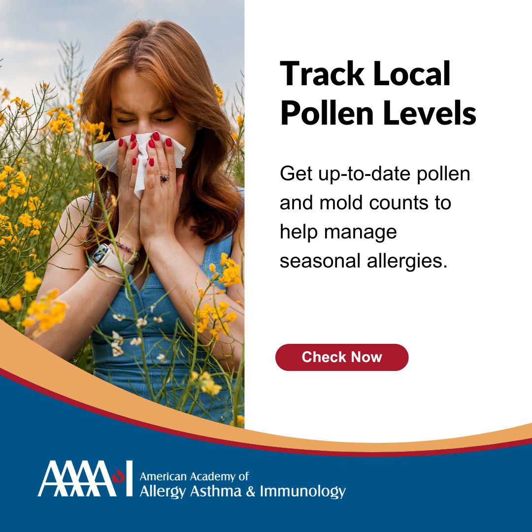 AAAAI_org's tweet photo. Seasonal allergies acting up? Check current pollen and mold levels in your area with the AAAAI National Allergy Bureau® Pollen Count. Stay informed so you can better manage your allergy symptoms. https://t.co/WE9DtCzvBV

#Allergies #Pollen https://t.co/myZMCFm9Ir