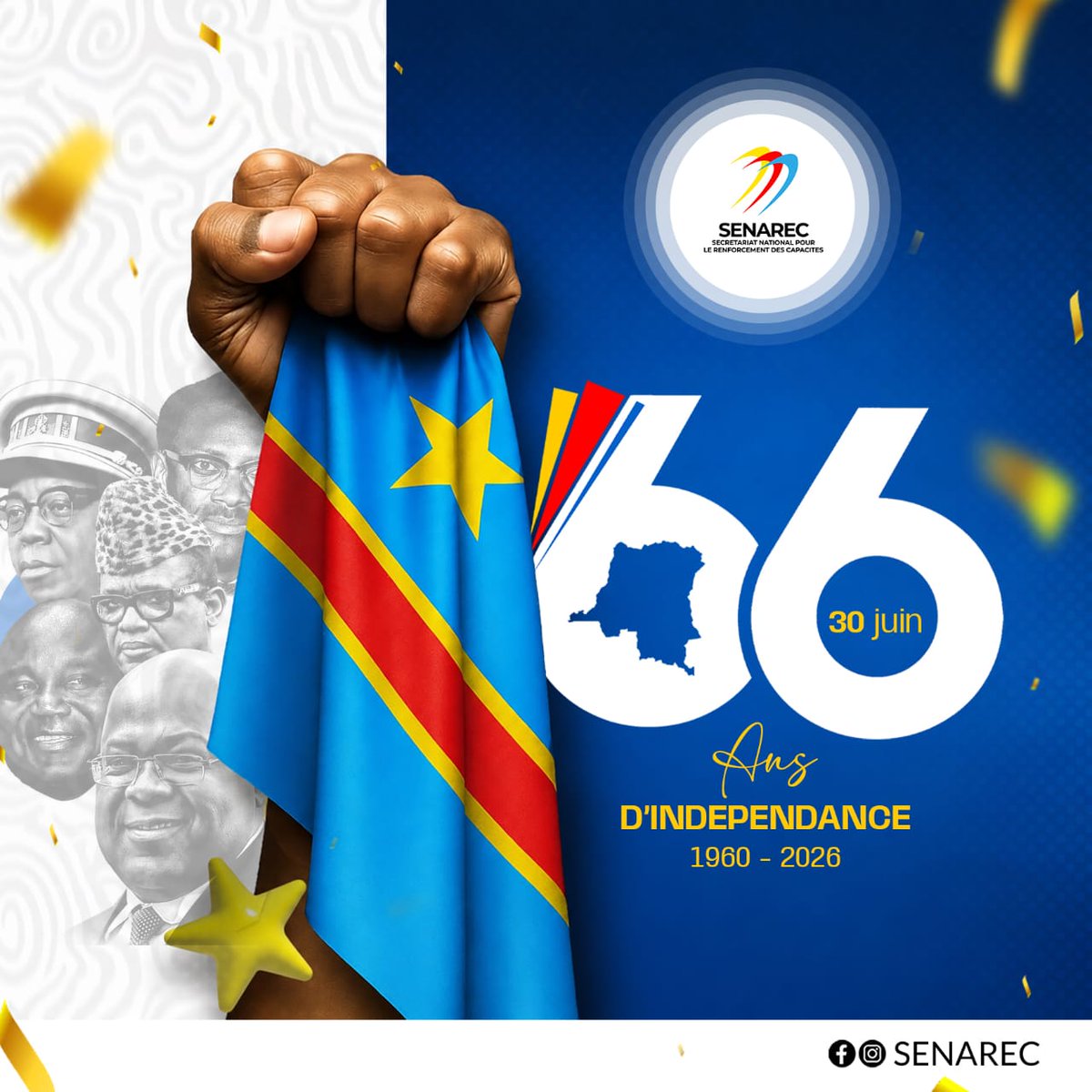 Senarec_RdCongo's tweet photo. 𝟲𝟲 𝗮𝗻𝘀 𝗱'𝗜𝗻𝗱é𝗽𝗲𝗻𝗱𝗮𝗻𝗰𝗲 𝗱𝗲 𝗹𝗮 𝗥é𝗽𝘂𝗯𝗹𝗶𝗾𝘂𝗲 𝗗é𝗺𝗼𝗰𝗿𝗮𝘁𝗶𝗾𝘂𝗲 𝗱𝘂 𝗖𝗼𝗻𝗴𝗼

À l'occasion du 66ᵉ anniversaire de l'accession de notre pays à l'indépendance, le Secrétariat National pour le Renforcement des Capacités (SENAREC) rend un hommage appuyé aux Pères de l'Indépendance et salue l'engagement de toutes les Congolaises et de tous les Congolais qui œuvrent chaque jour à la construction d'une Nation forte, prospère et souveraine.

Le développement de la République Démocratique du Congo repose sur des femmes et des hommes compétents, des institutions performantes et une gouvernance efficace. C'est pourquoi le renforcement des capacités demeure un levier stratégique pour accélérer les réformes, améliorer la qualité des services publics et accompagner durablement le développement national.

À cette occasion, le SENAREC réaffirme son engagement à soutenir les efforts du Gouvernement en faveur de la modernisation de l'administration publique et du développement du capital humain.

📄 Consultez le communiqué de presse complet en cliquant sur le lien ci-dessous : https://t.co/Ju2AWSOVde

Bonne fête de l'Indépendance à toutes les Congolaises et à tous les Congolais !

🇨🇩 Vive la République Démocratique du Congo !