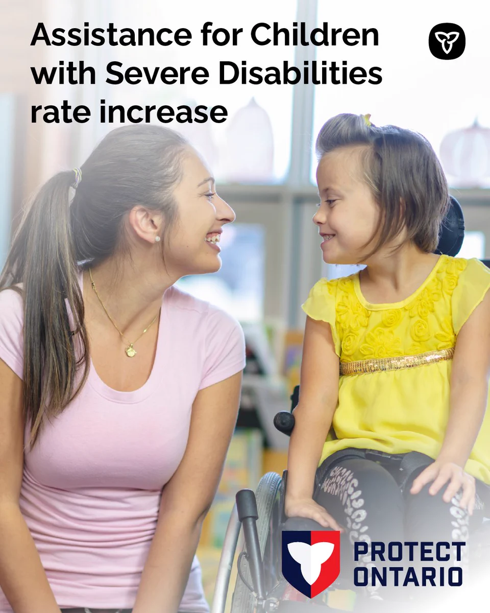 Smiling caregiver and a girl in a wheelchair; banner says rate increase for Assistance for Children with Severe Disabilities
