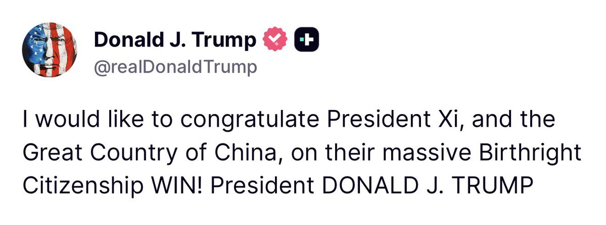Breaking911's tweet photo. TRUMP: I would like to congratulate President Xi, and the Great Country of China, on their massive Birthright Citizenship WIN! President DONALD J. TRUMP https://t.co/FGD6LBDoKP