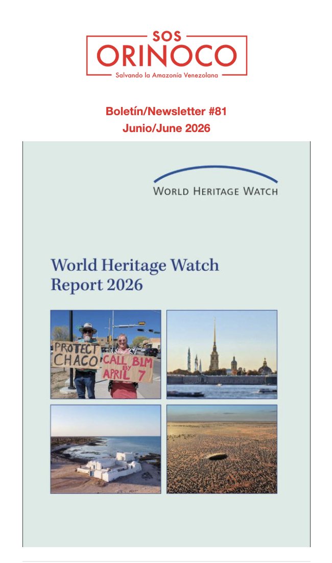 SOSOrinoco's tweet photo. Boletín/Newsletter #81 Junio/June 2026 🌍 World Heritage Watch 2026 Report - Canaima

Junio ha sido un mes sumamente crítico para Venezuela. Frente a la opacidad oficial y la censura, en esta edición reunimos evidencia científica, imágenes satelitales e informes internacionales que exponen la cruda realidad ambiental e institucional de nuestro país.

Esto es lo que encontrarás en esta entrega:

1️⃣ Alerta Canaima: Traducimos al español el devastador informe 2026 de @WH_Watch (WHW). El patrimonio mundial sigue bajo asedio de la minería ilegal y el turismo insustentable.
2️⃣ La arquitectura del "oro de sangre": Una radiografía al entramado criminal, el contrabando y cómo la sedimentación minera pone en riesgo crítico el 70% de la electricidad del país.
3️⃣ Desastre en La Guaira: Mostramos las impactantes imágenes satelitales (antes y después) de los sismos del 24 de junio. La corrupción estructural e infraestructura criminal transformaron un fenómeno natural en una tragedia humanitaria.
4️⃣ El oro en las sombras: Entrevista exclusiva con @cburelli  y Carrie Filipetti sobre geopolítica, sanciones y derechos humanos.

EN-

June has been a deeply critical month for Venezuela. In this edition, we compile irrefutable data and international reports exposing the extent of the country's environmental and institutional crisis:
1️⃣ Canaima Alert: We share the devastating 2026 report by World Heritage Watch (WHW). This World Heritage site remains under severe siege by illegal mining and unsustainable tourism.
2️⃣ The Architecture of "Blood Gold": An inside look at the criminal network, massive smuggling, and how mining sedimentation places 70% of the nation's power grid at acute risk.
3️⃣ La Guaira Disaster: We analyze the shocking before-and-after satellite imagery of the June 24 earthquakes. Structural corruption and substandard building practices turned a natural event into a heartbreaking humanitarian tragedy.
4️⃣ Gold in the Shadows: An insightful conversation featuring Cristina Burelli and Carrie Filipetti exploring geopolitics, sanctions, and human rights abuses.

➡️ https://t.co/KVlApD3huH