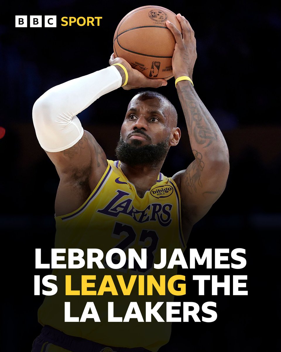 BBCSport's tweet photo. NBA superstar LeBron James is leaving the Los Angeles Lakers and will continue his career with another team 🏀 

The 41-year-old has spent the past eight seasons with the Lakers and helped them win the 2020 NBA title. https://t.co/7F9UHExKJk