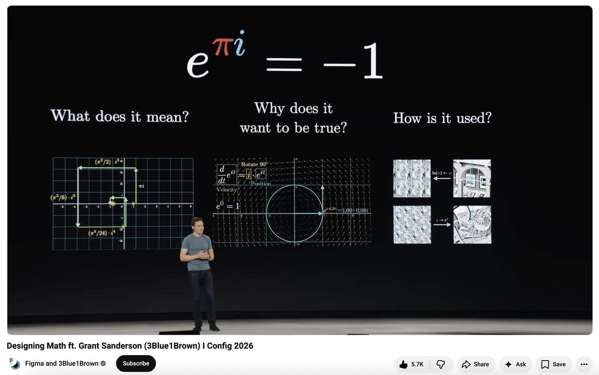fx83xu's tweet photo. geniunely insane watch from someone pursuing a math degree and design at the same time @3blue1brown x @figma

choosing e^ipi = -1 to visualize and talk about at a design conference is so beautiful

https://t.co/NbVcZUJQJ0 https://t.co/t7hFWvfUyE