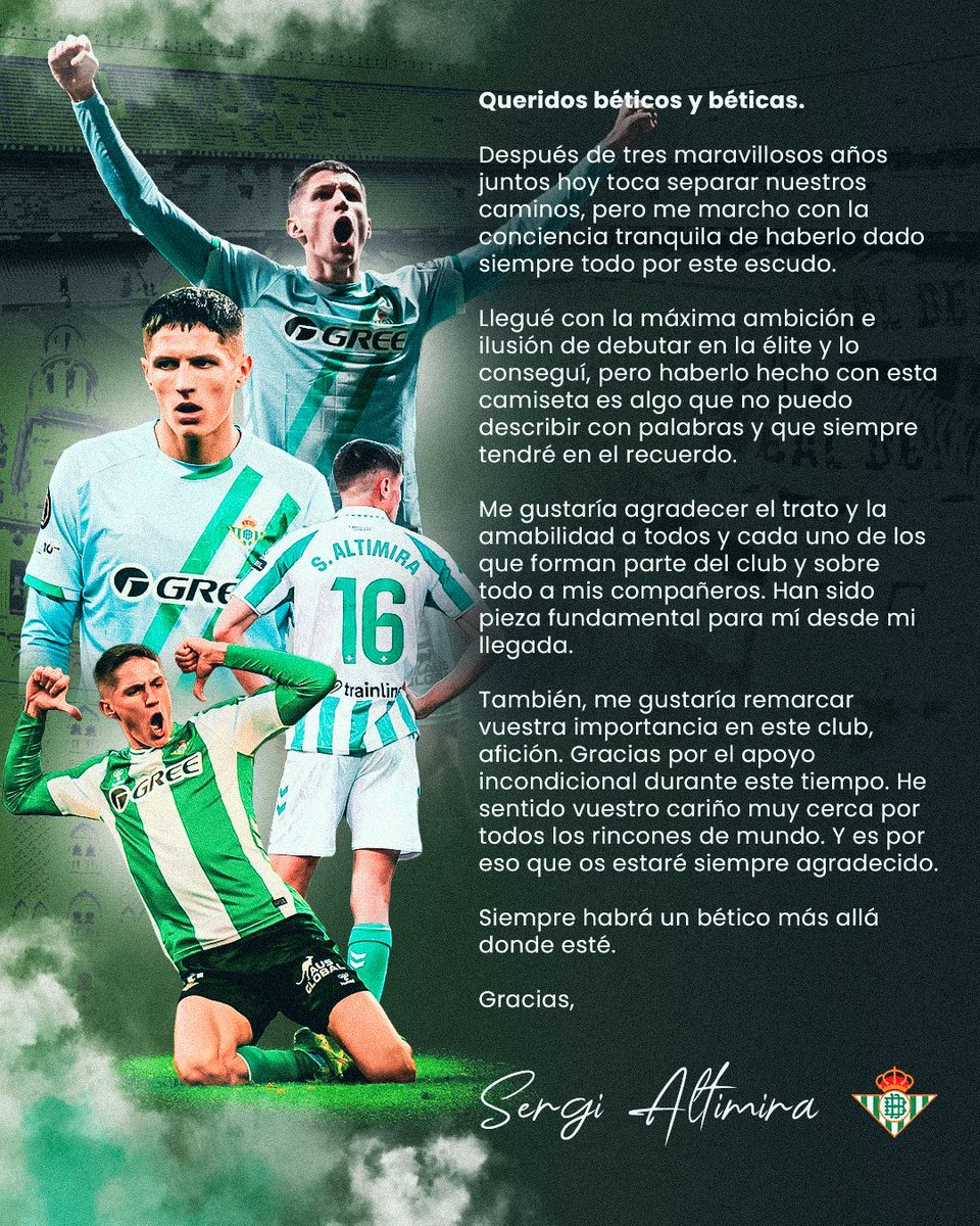 ZonaMixta__'s tweet photo. 🟢🥹 SERGI ALTIMIRA SE DESPIDE DEL @RealBetis

👋 El jugador dice adiós “después de tres maravillosos años”.

🔝 “Debutar en la élite con esta camiseta es algo que no puedo describir con palabras”.

💚 “Siempre habrá un bético más allá donde esté”.

#ZonaMixta https://t.co/mnI1HQwTo5