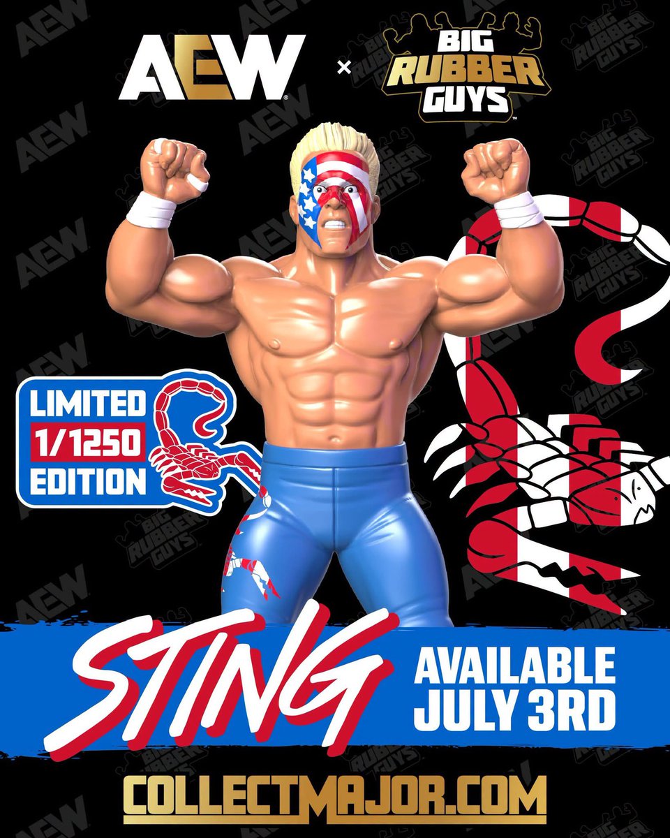 thefigheel's tweet photo. Going on sale this Friday, July 3rd on https://t.co/w9XTf0R8ij… IT’S @Stinger!

In conjunction with @AEW, the USA themed Big Rubber Guys figure will be available for pre-order but only 1,250 are being made!

Be on the lookout for the official on sale post!

#CollectMajor
#ScratchThatFigureItch