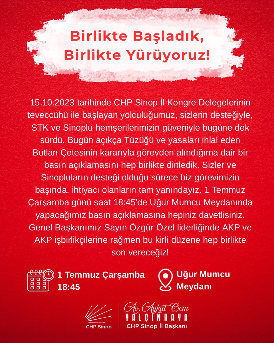 YeniPartiSnpil's tweet photo. Birlikte başladık, birlikte yürümeye devam ediyoruz.
İnancımızdan, mücadelemizden ve Sinop'a olan sorumluluğumuzdan asla vazgeçmeyeceğiz.

Hukukun, demokrasinin ve örgüt iradesinin yanında durmaya devam edeceğiz. Tüm yol arkadaşlarımızı ve hemşehrilerimizi, birlik ve dayanışmamızı göstermek üzere 1 Temmuz Çarşamba günü saat 18.45'te Uğur Mumcu Meydanı'nda yapılacak basın açıklamasına davet ediyoruz.

Kurtuluş yok tek başına, ya hep beraber ya hiçbirimiz!

@aykutcc