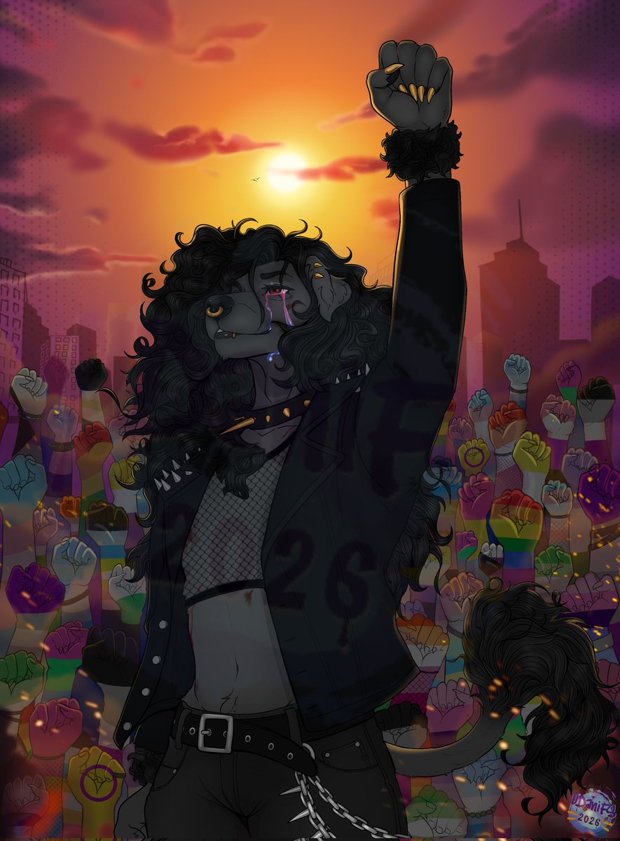 UDaniFS's tweet photo. Wrapping up pride moth with this piece for @Sango_Da_Pood  
The first pride event was a riot, we wanted to honor that with this piece- thanking all of those who sacrificed so we could be where we are at today. 
◖⁠⚆⁠ᴥ⁠⚆⁠◗

#pridemonth #furryart #digitalart #prideㅤㅤ https://t.co/zyU3Se7mEd