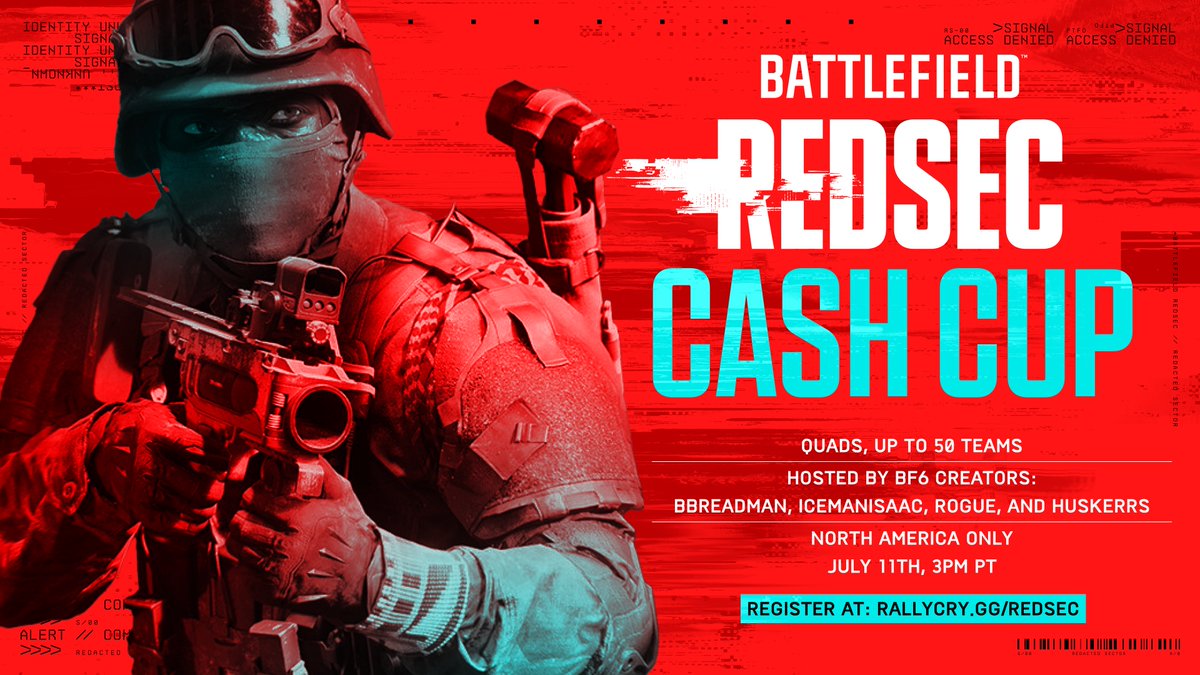 HusKerrs's tweet photo. The competitive scene in Battlefield 6 & REDSEC is heating up! I'll be hosting a watch party alongside @TTrebb, @bbreadman, and @IceManIsaac for 2 RESDEC Cash cups this July. The first Cash Cup is on July 11th, and registration is now open! $25K Prize Pool, NA only.

Grab your team today to lock in your spot: https://t.co/GouDueOO6O

#Battlefield6 #BF6 #Sponsored