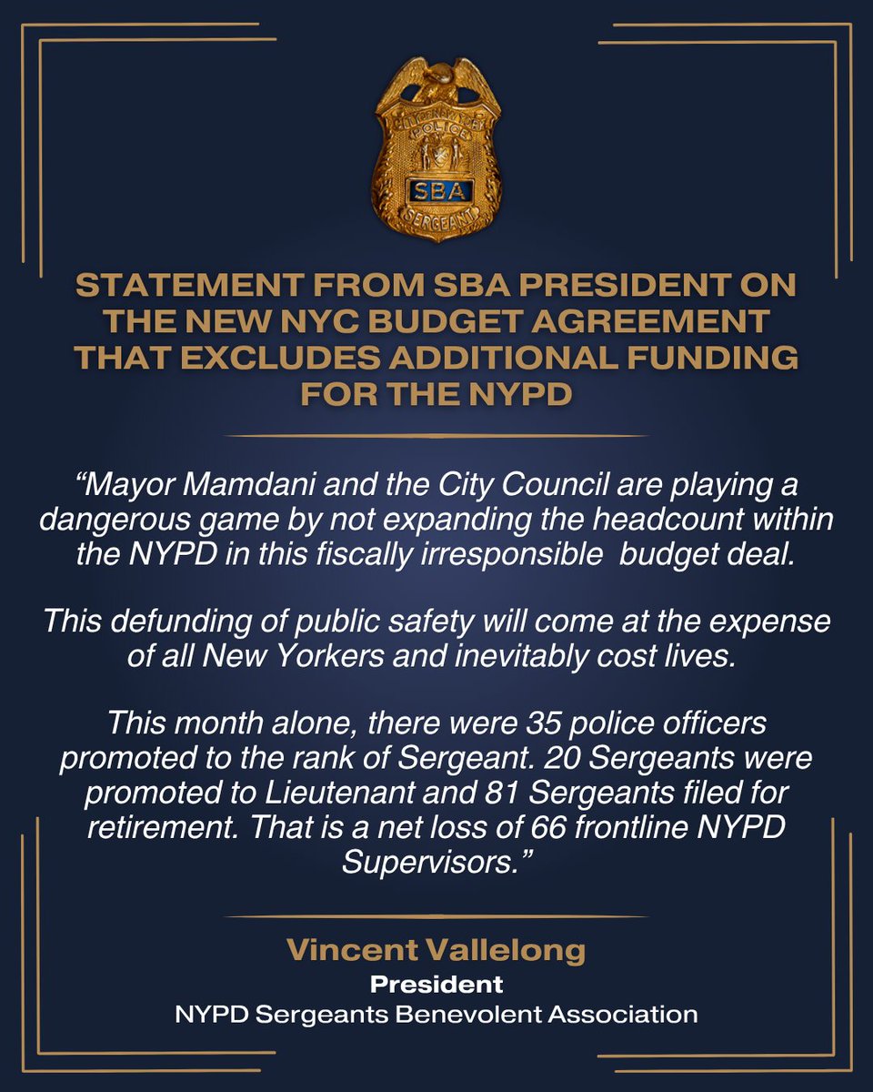 sbanypd's tweet photo. Statement from SBA President Vincent Vallelong on the New NYC Budget Agreement That Excludes Additional Funding for the NYPD https://t.co/rxRuz86ERB