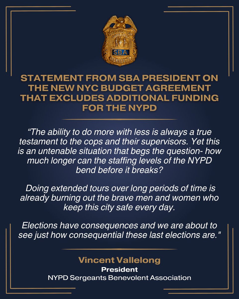 sbanypd's tweet photo. Statement from SBA President Vincent Vallelong on the New NYC Budget Agreement That Excludes Additional Funding for the NYPD https://t.co/rxRuz86ERB