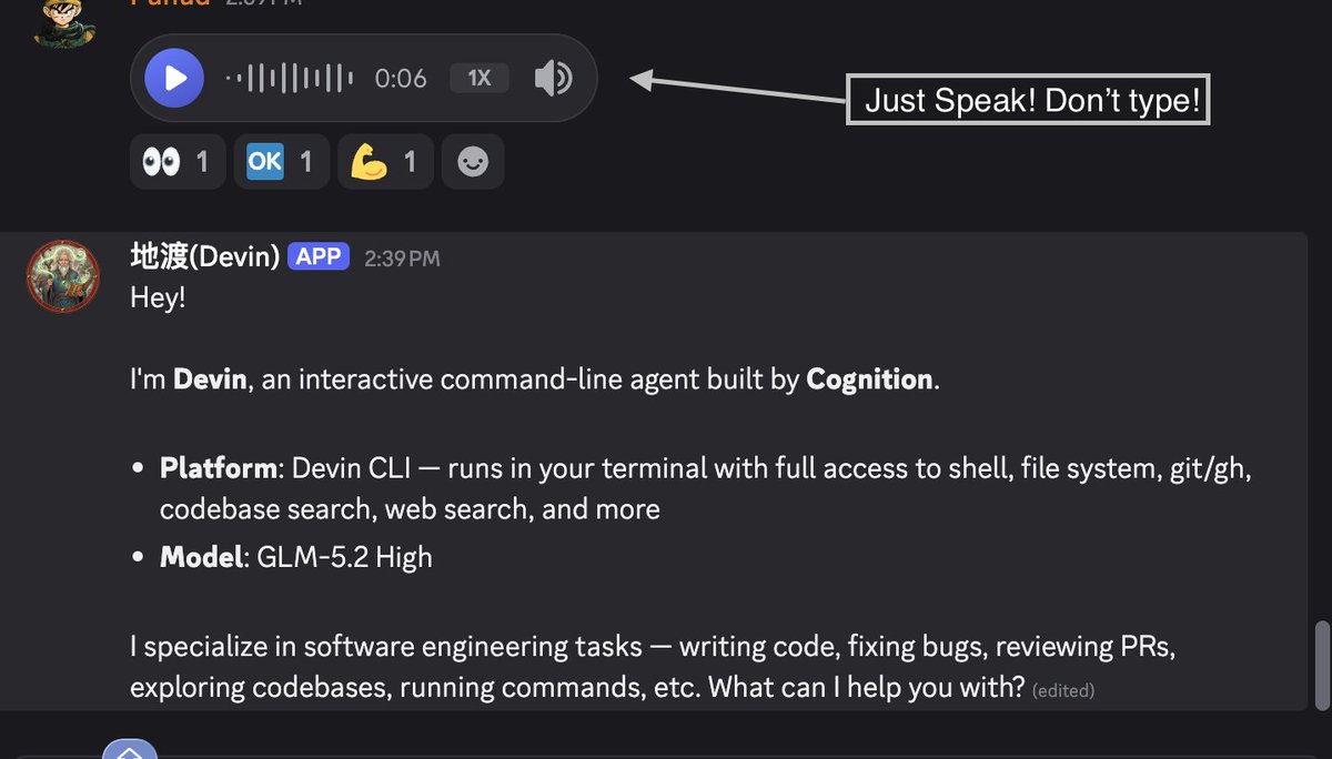 openabdev's tweet photo. And guess what — @openabdev now supports Devin CLI! 🚀 

Chat with your Agent running GLM-5.2 or Kimi K2.7 straight from Discord / Telegram / Teams / Google Chat / LINE / Feishu — or just press to speak without typing a thing.  From the beach, the couch, wherever. 🏖️ https://t.co/8B09wNFLcT
