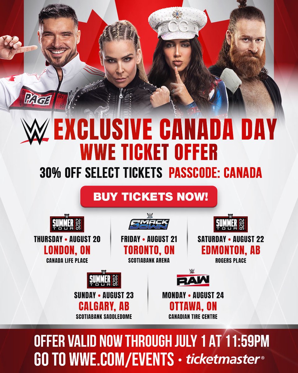 OfficialEGO's tweet photo. HEY CANADA 👋 🇨🇦 … 

Thanks to me (&amp; only me, nobody else on this graphic) @WWE is running a 30% discount on select tickets for our Canadian Tour in August

Offer starts June 30 and ends on July 1 at 11:59pm

Do with this info as you wish

🎟️: https://t.co/5uvtEX08cT https://t.co/pAJ2z7vvTF