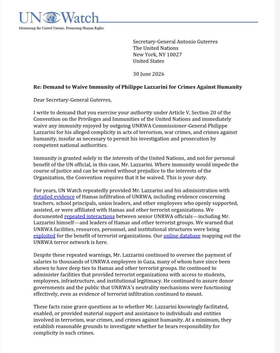 HillelNeuer's tweet photo. Today we have called on the United Nations to waive all immunity for UNRWA chief Philippe Lazzarini—whose terms ends today—to allow his indictment for complicity in terrorism, war crimes and crimes against humanity. Lazzarini cannot claim he didn't know. We have all the receipts. https://t.co/6Uc2CLbCvz