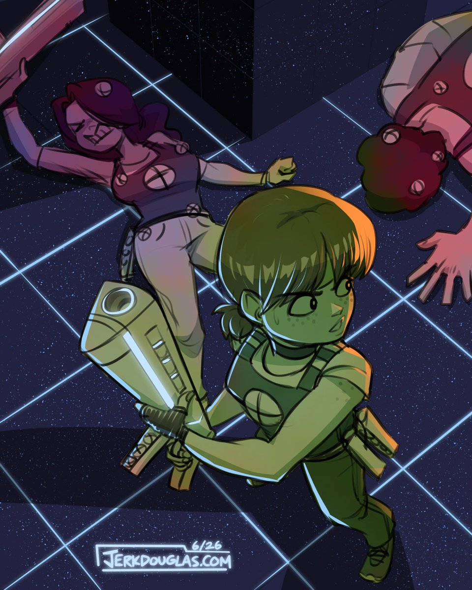 HerrHighground's tweet photo. Concept for a Pandorango arc where everyone goes to NOT-lasertag. And as I'm sure girls aren't crazy about getting covered in paintball welts, I chose Velcro-ball guns.

"Velcrocity" (pronounced like "Velocity" but a boomer parent would say "Velcro City")

...Worldbuilding! https://t.co/leBosC0smx