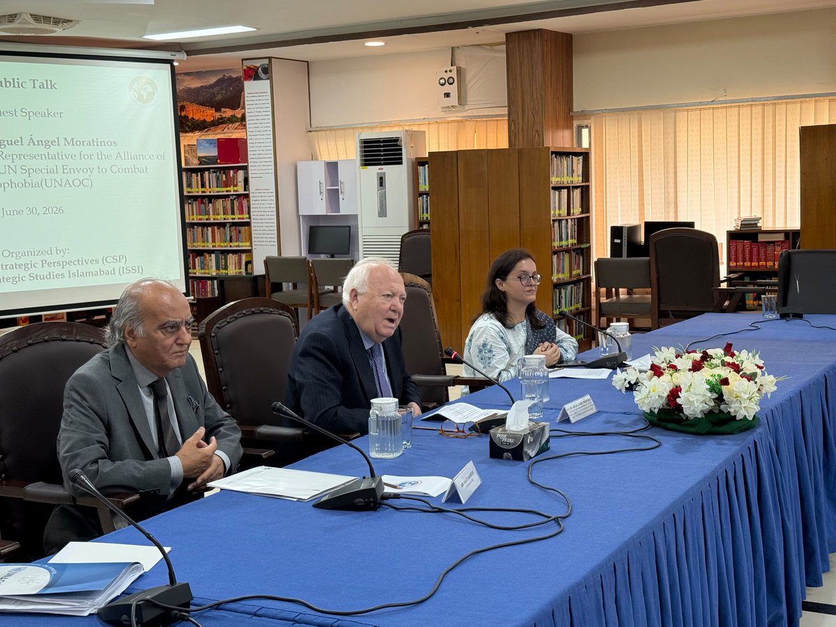 UNAOC's tweet photo. "As UN Special Envoy on Combating Islamophobia, I have witnessed a troubling increase in anti-Muslim hatred and discrimination in many parts of the world,” said USG @MiguelMoratinos in a talk hosted by @CISS_Islamabad at @ISSIslamabad. https://t.co/saS3XYqRnn