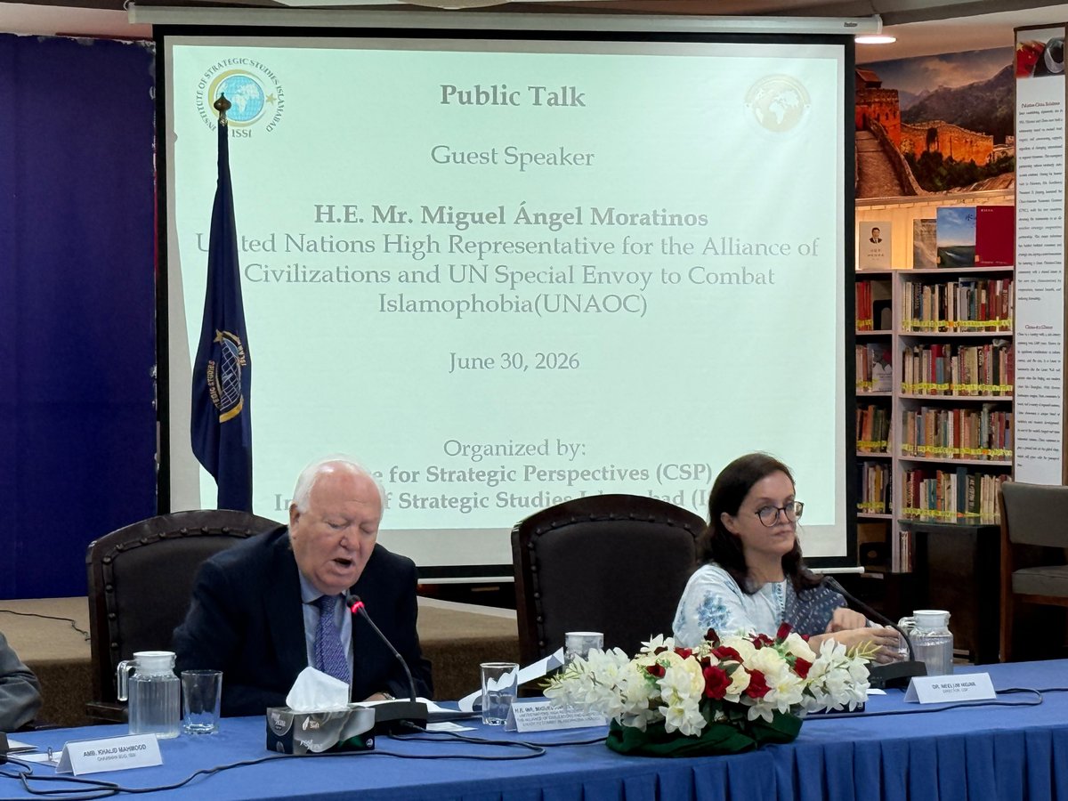 UNAOC's tweet photo. "As UN Special Envoy on Combating Islamophobia, I have witnessed a troubling increase in anti-Muslim hatred and discrimination in many parts of the world,” said USG @MiguelMoratinos in a talk hosted by @CISS_Islamabad at @ISSIslamabad. https://t.co/saS3XYqRnn