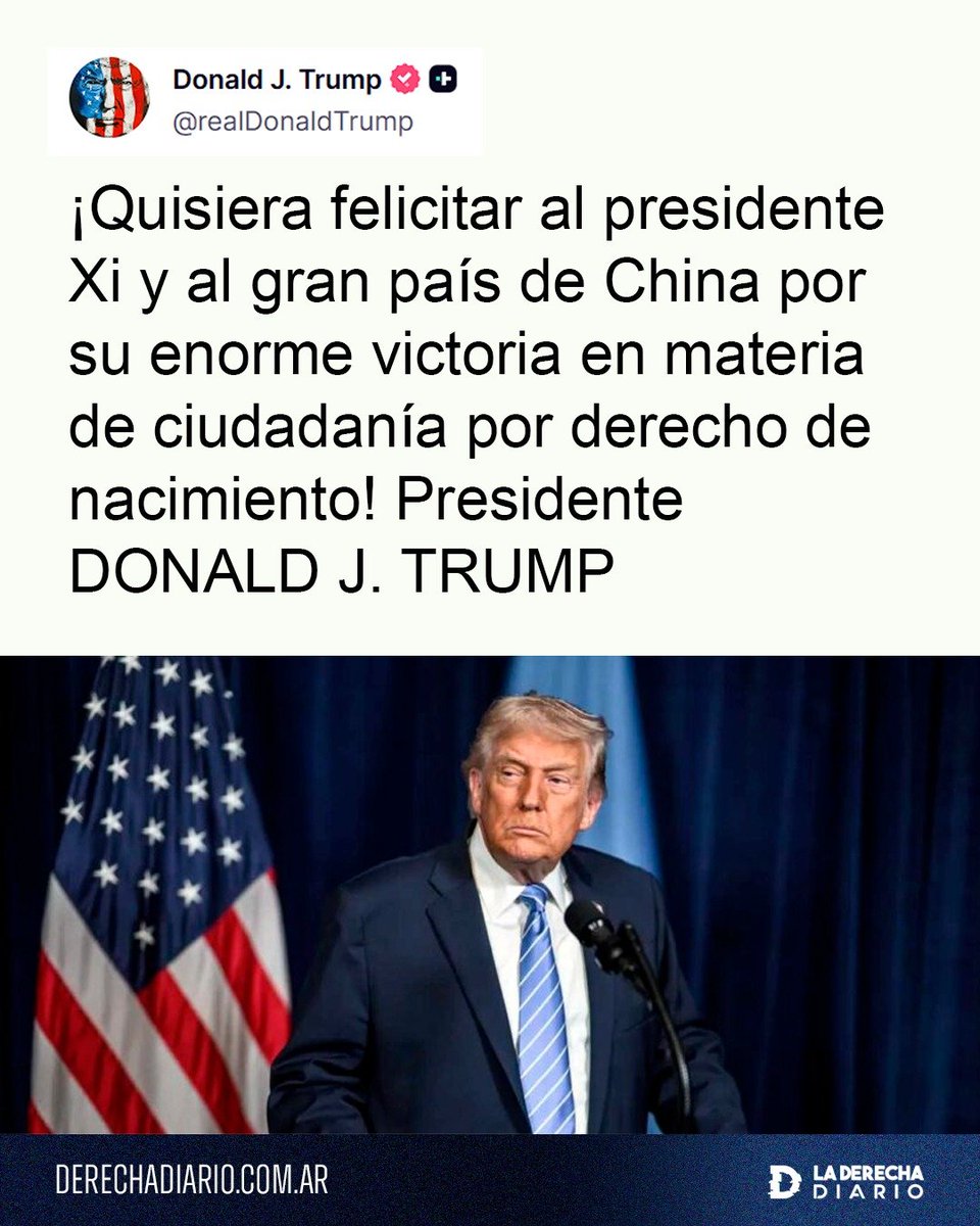 laderechadiario's tweet photo. 🚨🇺🇸🇨🇳 | Con ironía, Trump felicitó a Xi Jinping y a China por el fallo de la Corte Suprema estadounidense que mantuvo la ciudadanía por nacimiento en Estados Unidos, permitiendo que los chinos hagan "turismo de partos" para conseguir fácilmente la ciudadanía. https://t.co/rMgH9osRNt