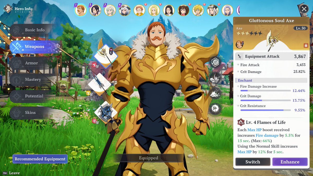 BashBadger's tweet photo. Changed some things on Escanor in 7ds: Origin 😁sub-stat rolls were horrible everywhere, but slotting in Galand's top and Dark Chaos Earrings instead of 7-piece Arachne lets me insta-kill Galand at the end of the rotation with Escanor's Ult. Very happy with the change in gear 😄 https://t.co/j7HeG92WRg