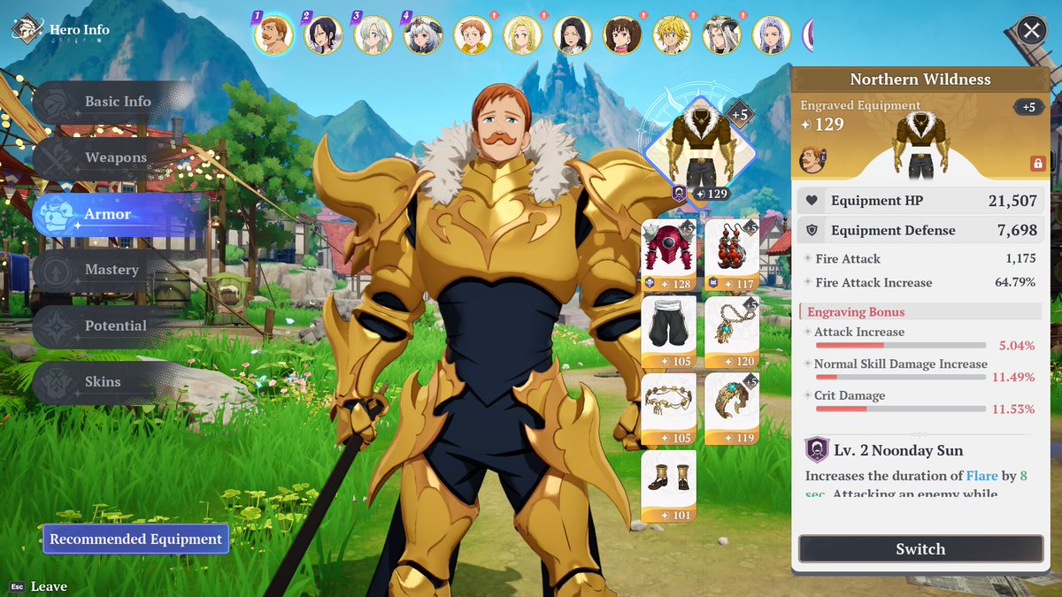 BashBadger's tweet photo. Changed some things on Escanor in 7ds: Origin 😁sub-stat rolls were horrible everywhere, but slotting in Galand's top and Dark Chaos Earrings instead of 7-piece Arachne lets me insta-kill Galand at the end of the rotation with Escanor's Ult. Very happy with the change in gear 😄 https://t.co/j7HeG92WRg