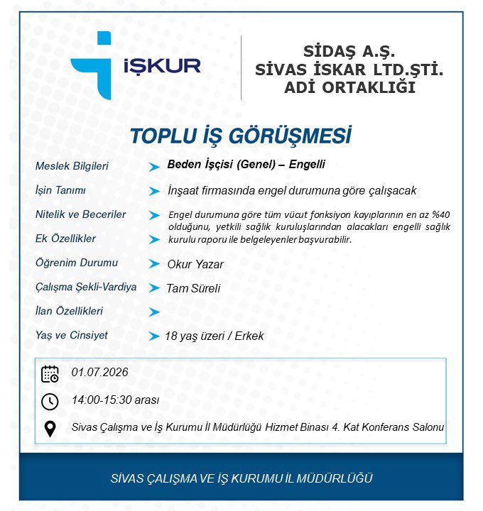 iskursivas's tweet photo. 4 farklı firmamız tarafından gerçekleştirilecek Toplu İş Görüşmelerine, Engelli iş arayanlarımızı bekleriz. 
📍Sivas İŞKUR Hizmet Binası 4. Kat Konferans Salonu
#İŞKURdaİşVar
#EngelYokİşVar https://t.co/WFKOhBy8Ko