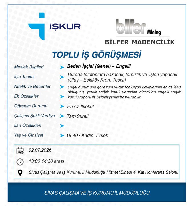 iskursivas's tweet photo. 4 farklı firmamız tarafından gerçekleştirilecek Toplu İş Görüşmelerine, Engelli iş arayanlarımızı bekleriz. 
📍Sivas İŞKUR Hizmet Binası 4. Kat Konferans Salonu
#İŞKURdaİşVar
#EngelYokİşVar https://t.co/WFKOhBy8Ko