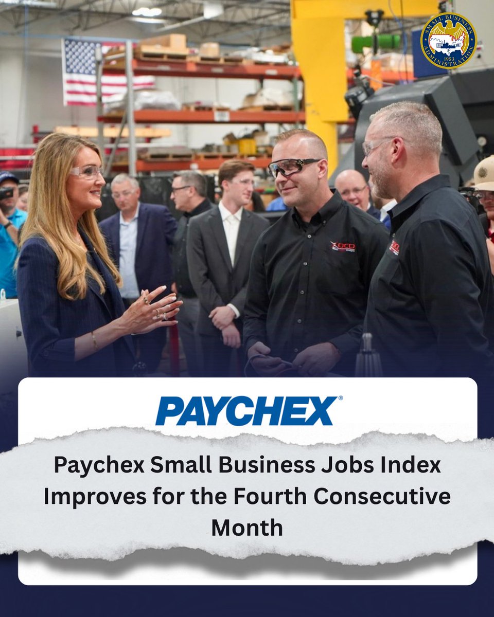 SBAgov's tweet photo. Small business job growth is up AGAIN, for the fourth consecutive month. The America First economic agenda is giving small businesses the confidence they need to hire and grow.

https://t.co/oxuvMc7avG https://t.co/vq6kMBbXKE