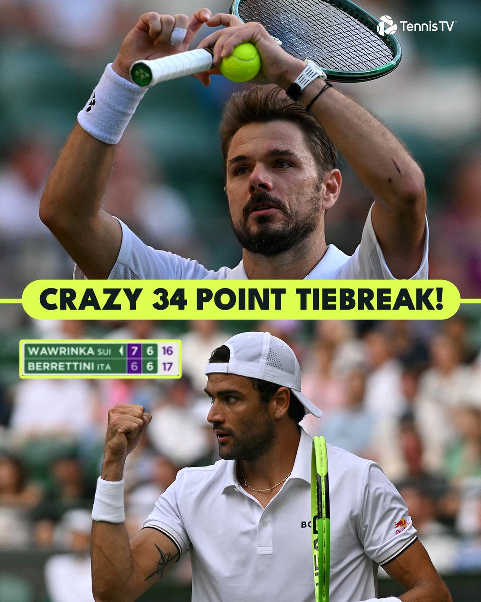 TennisTV's tweet photo. Truly EPIC tennis 🥵

Berrettini wins the second set tiebreak 18-16 over Wawrinka!

#Wimbledon https://t.co/sj7RvDGcrC