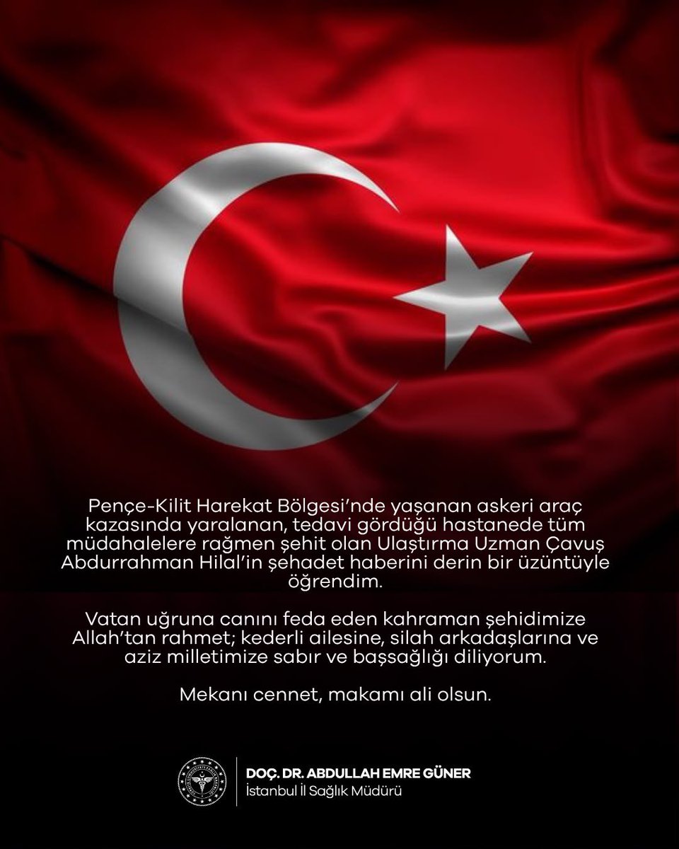 dr_aemreguner's tweet photo. Pençe-Kilit Harekat Bölgesi’nde yaşanan askeri araç kazasında yaralanan, tedavi gördüğü hastanede tüm müdahalelere rağmen şehit olan Ulaştırma Uzman Çavuş Abdurrahman Hilal’in şehadet haberini derin bir üzüntüyle öğrendim.

Vatan uğruna canını feda eden kahraman şehidimize Allah’tan rahmet; kederli ailesine, silah arkadaşlarına ve aziz milletimize sabır ve başsağlığı diliyorum.

Mekanı cennet, makamı ali olsun.