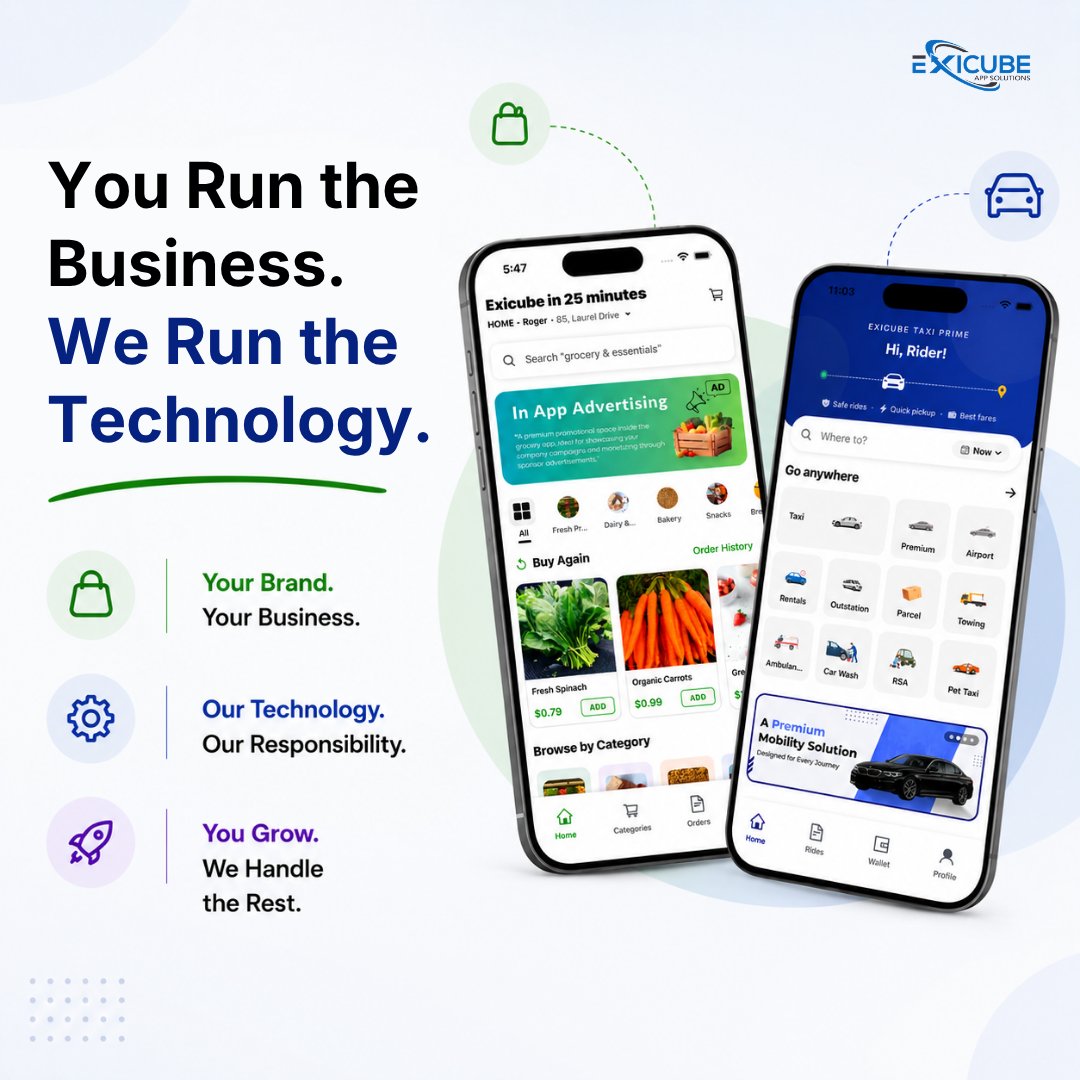exicube's tweet photo. Introducing Exicube Prime.

White-label taxi &amp; grocery apps — fully managed.

→ Own iOS + Android apps in 7-15 days
→ Self-hosted maps — zero API bills
→ Real-time Eagle Eye fleet tracking

One flat fee. Zero commissions. Your brand, your data.

#Exicube #WhiteLabel https://t.co/BdtibuMR3k