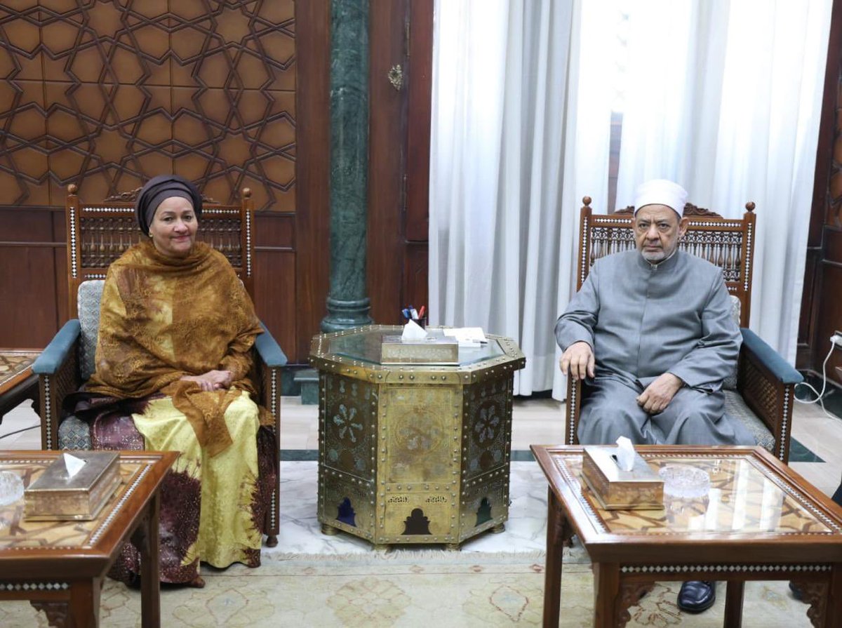 AminaJMohammed's tweet photo. Honoured to be received by His Eminence the Grand Imam of Al-Azhar Sherif @alimamaltayeb, in Cairo.

In a world being reshaped by AI and deepening crises, we discussed the need to keep peaceful coexistence, our interfaith compass and shared humanity at the heart of our response.

Grateful for @AlAzhar’s leadership and for His Eminence’s support for the first convening of #AI4HumanDev.