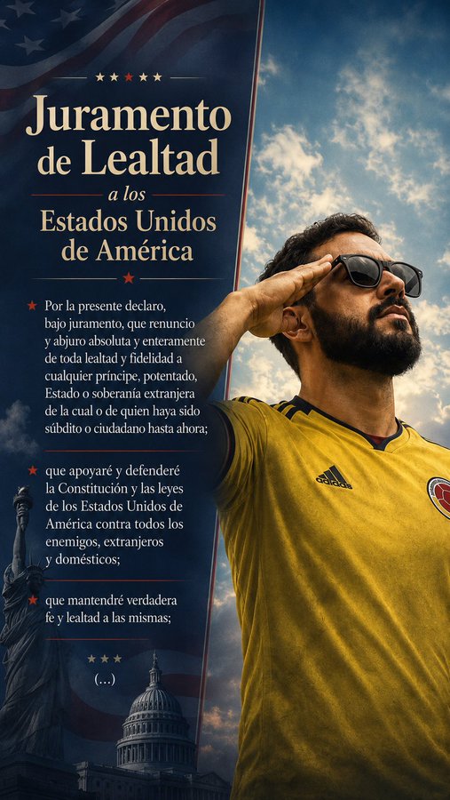 JulianProgre's tweet photo. URGENTE 🚨

Los 20 exmagistrados de las altas cortes ya habían advertido sobre la inhabilidad de Abelardo De La Espriella para ser presidente. Señalaron que las instituciones debieron frenar a tiempo la intención de elegir a un norteamericano que juró lealtad a la bandera y a la Constitución de los Estados Unidos. No lo hicieron, y hoy estamos en una encrucijada sin precedentes en nuestra historia.

Nos enfrentamos a un presidente ilegítimo, avalado con más de 3 millones de firmas falsas y con la complicidad del @CNE_COLOMBIA, que permitió su candidatura. Este fraude no es menor: se trata de entregar la soberanía nacional a un hombre que ya juró fidelidad a otro país.

Todos los responsables de este atropello —instituciones, políticos y empresarios— deben ser juzgados como traidores a la patria.

Este es el juramento que hizo Abelardo, y que lo inhabilita para ocupar la presidencia de Colombia: un juramento de fidelidad a la Constitución y a la bandera de los Estados Unidos.

🔥 

 @DCoronell