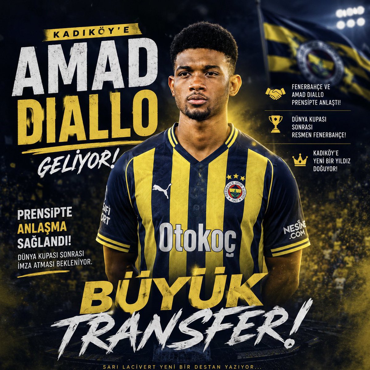 eray_neco's tweet photo. Fenerbahçe, Manchester United’ın yıldız kanat oyuncusu Amad Diallo ile prensip anlaşmasına vardı. Sarı-lacivertli yönetim işi sessiz sedasız ilerletti, Avrupa basını ise bu transferin Dünya Kupası sonrası resmiyet kazanacağını konuşuyor.

Hızı, birebirleri ve delici oyun tarzıyla dikkat çeken Amad’ın, Kadıköy’de ortalığı birbirine katması an meselesi. Eğer son anda klasik “menajer operasyonları” çıkmazsa, Fenerbahçe taraftarı yeni sezonda çok başka bir takım izleyecek gibi duruyor. İsmail Kartal  faktörü de cabası… Avrupa’da ses getirecek bir hamle olabilir.
#fenerbahçe #azizyıldırım