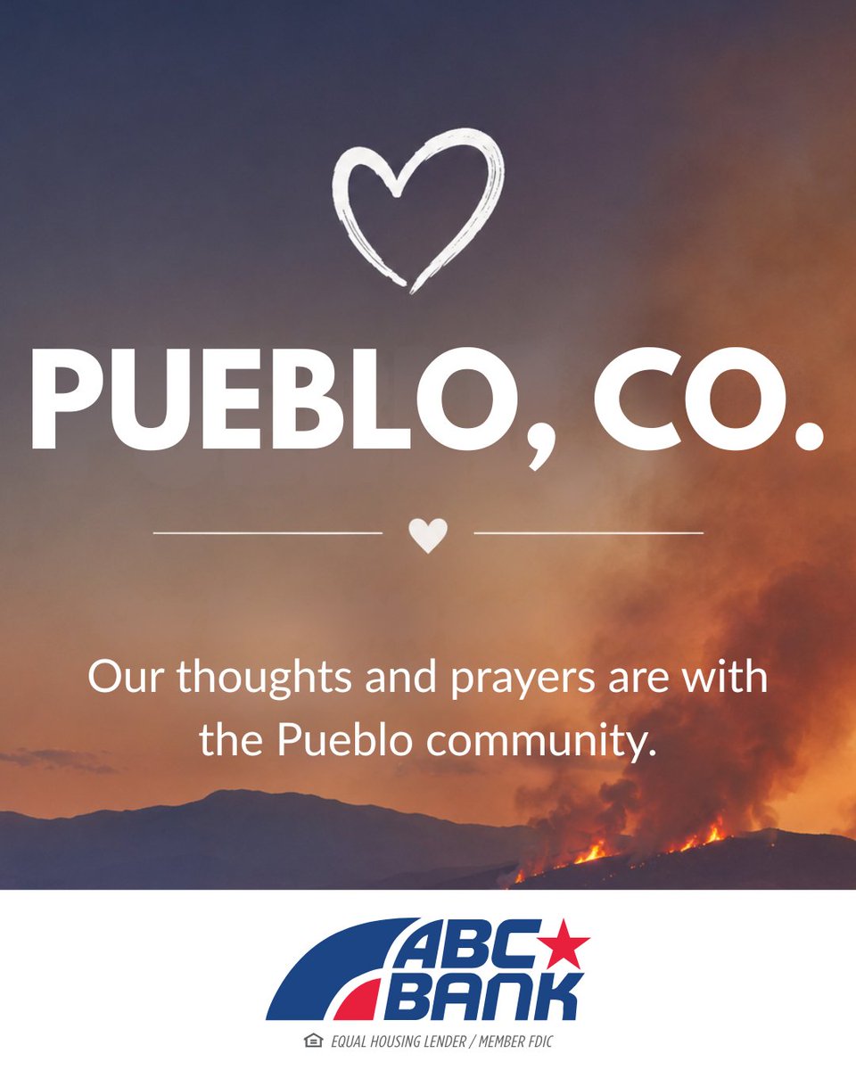 TheABCBank's tweet photo. At ABC, our thoughts are with everyone affected by the wildfires in the Pueblo community.  During times like these, we are reminded of the resilience and compassion that define our neighbors.  We stand with the Pueblo community and hope for the safety of everyone impacted. https://t.co/3G7XXgkNvI