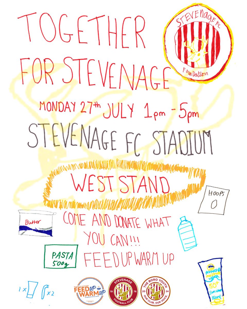 borofoundation's tweet photo. Together For Stevenage❤️

Our brilliant Youth Board’s next project, Together for Stevenage is an incredibly important one. 

25,000 people in Hertfordshire are living in poverty, and with the summer holidays right around the corner, plenty of families will struggle with the increased costs of additional food, childcare support and basic necessities. 

Together for Stevenage, in partnership with Feed up Warm up, will help families this summer by hosting a day for people to come and donate. We will then be donating these to Feed Up Warm Up. 

You can help by; 
📲 Sharing our post to raise awareness 
🥘 Coming down to donate goods to our event
🥫Donating to your local food bank if you can 
📅 Join us on Monday 27th July, between 1-5pm in the west stand car park to donate

The youth board will also be donating some places on our Soccer Camps to those that may need it most, to feed up warm up to share with families. 

We appreciate that things can be incredibly tough, and our Youth Board want to show you, that you are not alone and together, we can make a difference! ❤️

@feedupwarmup @StevenageFC