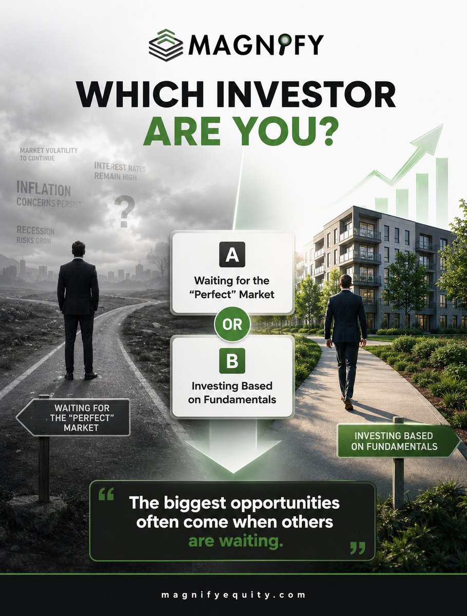MagnifyEquity's tweet photo. Which investor profile do you fit? 🤔

Are you waiting on the sidelines for the "perfect" market, or are you moving forward based on real estate fundamentals?

What’s your investment philosophy? Comment A or B below! 👇

🔗 Learn more at https://t.co/X8yRrpQrM8 https://t.co/MEpvoeRT17