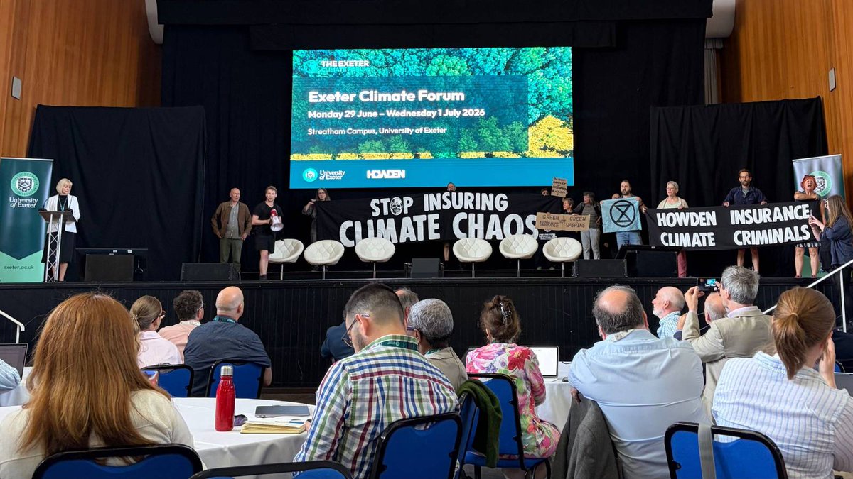 XRUK_Actions's tweet photo. Extinction Rebellion activists disrupted the UK's largest climate science conference, the Exeter Climate Forum held at #ExeterUniversity after it was revealed they'd accepted sponsorship from #Howden an insurance company profiting from #ClimateChaos 
1/5 https://t.co/uqHJXC1RnK