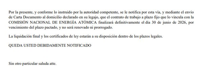 MartnPeiretti1's tweet photo. 🟥⚠️✅ Javier Milei está vaciando la Comisión Nacional de Energía Atómica, los despedidos ya asciende a 300. La quieren vaciar y entregar a EEUU e Israel. Estan entregando todos nuestros recursos elementales. ¿Qué mierda votaron?. Así llegan los documentos de despidos... https://t.co/okasOrVF8l