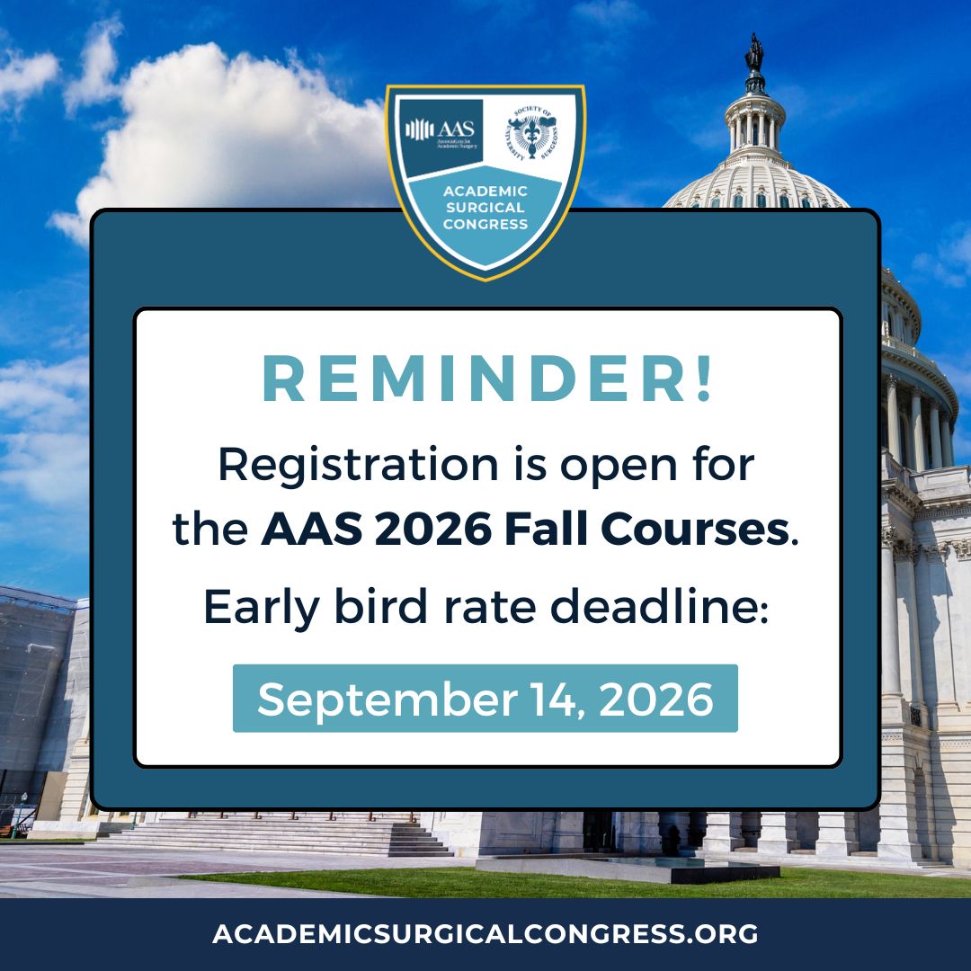 AcademicSurgery's tweet photo. Registration is open for the AAS 2026 Fall Courses!

Spend a full day investing in your academic surgery career in Washington, D.C. on September 25, right before the ACS Clinical Congress. Choose the Fundamentals of Surgical Research Course or the Early Career Development Course, depending on where you are in your path.

Early bird rates end September 14, and space is limited.

Register today: https://t.co/3TpOeeoZ60