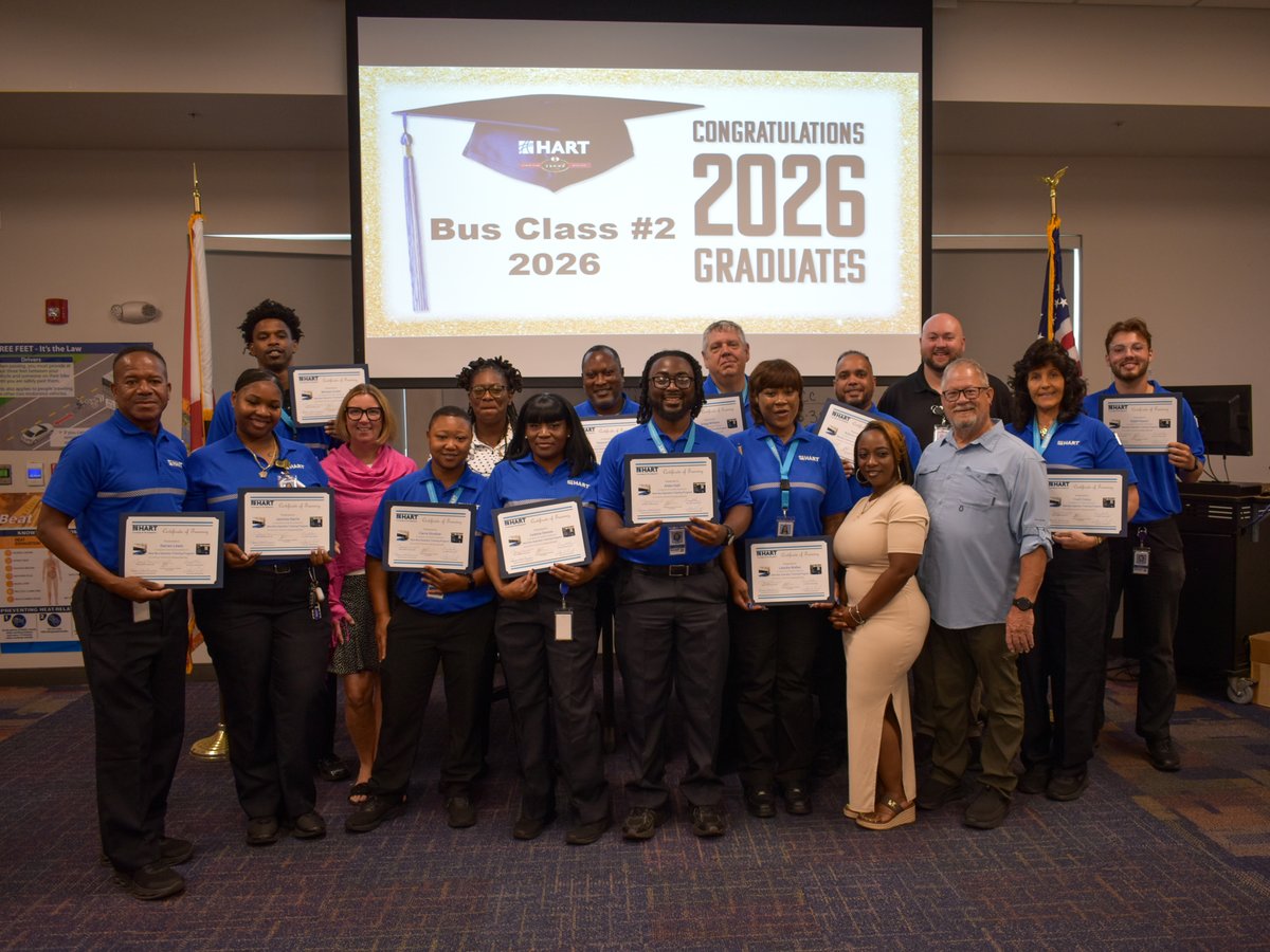 GoHART's tweet photo. Congratulations to HART’s newest bus operators! 👏

We recently celebrated 12 graduates who completed HART’s 10-week training program, gaining the skills needed to provide safe, reliable, and customer-focused service across Hillsborough County.

Please join us in welcoming them to the HART team! 🚌

Interested in becoming a bus operator? Apply at https://t.co/mY75OOAyc9