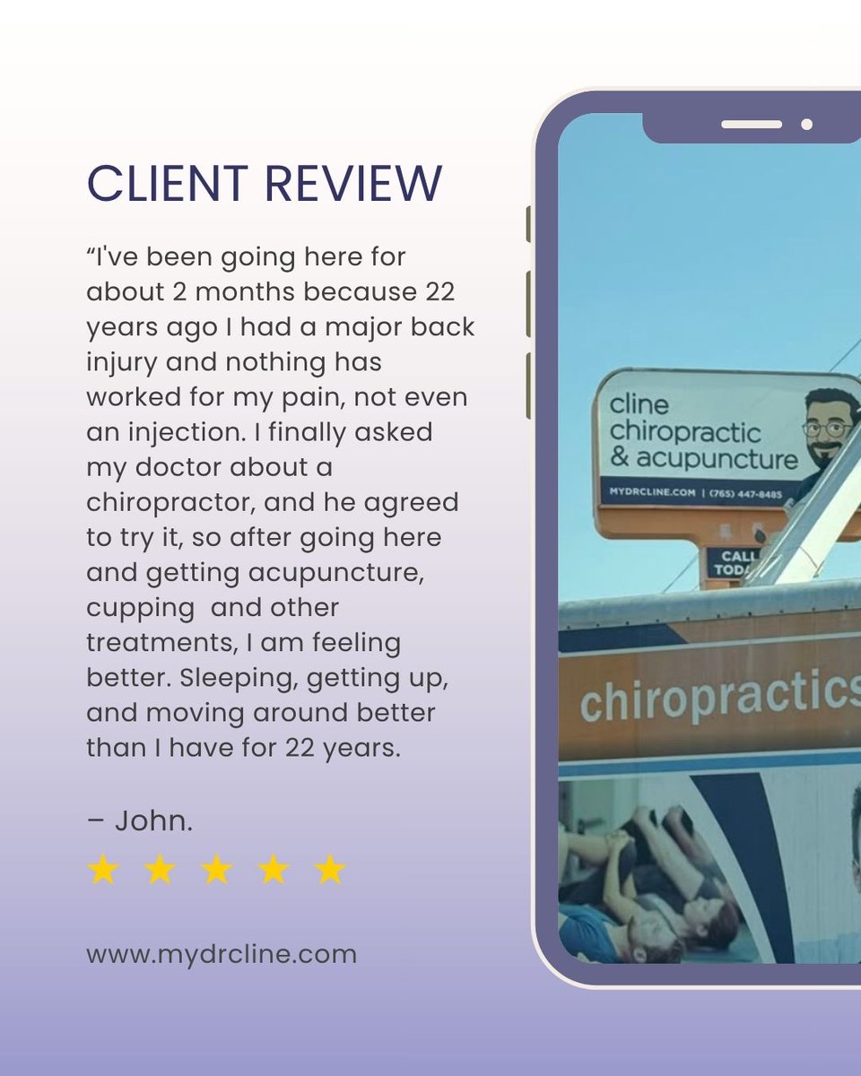 DrAdamCline's tweet photo. Thank you, John, for trusting Cline Chiropractic &amp; Acupuncture Clinic with your healing journey. Hearing that you're moving better, sleeping better, and feeling better after so many years means everything to us. ⭐

765-463-3000
https://t.co/VWm4QkFNdX https://t.co/HRbtcbCoPr