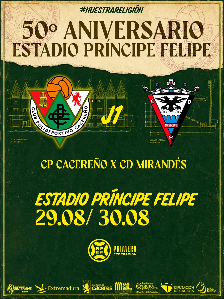 CPCacerenoSAD's tweet photo. 👋 ¡Hola, @CDMirandes!

🤗 Estamos encantados de recibiros en el Príncipe Felipe en el comienzo liguero de la @Primera_RFEF 

#NuestraReligión #AúpaCPC https://t.co/b0CCuQ6DNw