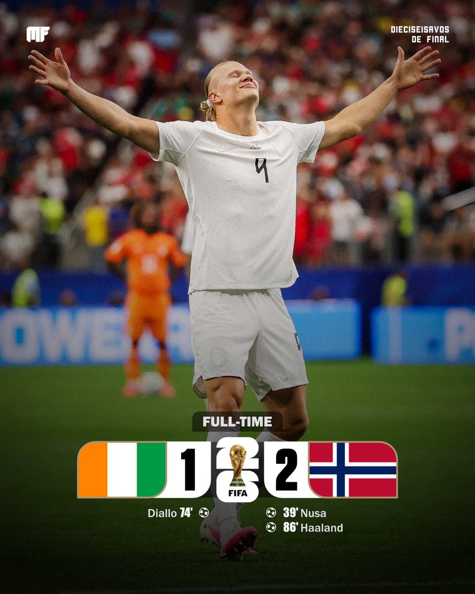 MFutbol33's tweet photo. ¡HAALAND METE A NORUEGA EN OCTAVOS! 🇳🇴🔥

Nusa adelantó a los nórdicos, Diallo marcó el empate parcial y Erling Haaland apareció sobre el cierre para rescatar el triunfo.

Con esta victoria, la selección de Noruega se asegura el pase a los octavos, donde se medirá ante Brasil. 🏆 https://t.co/X5qk7URpag