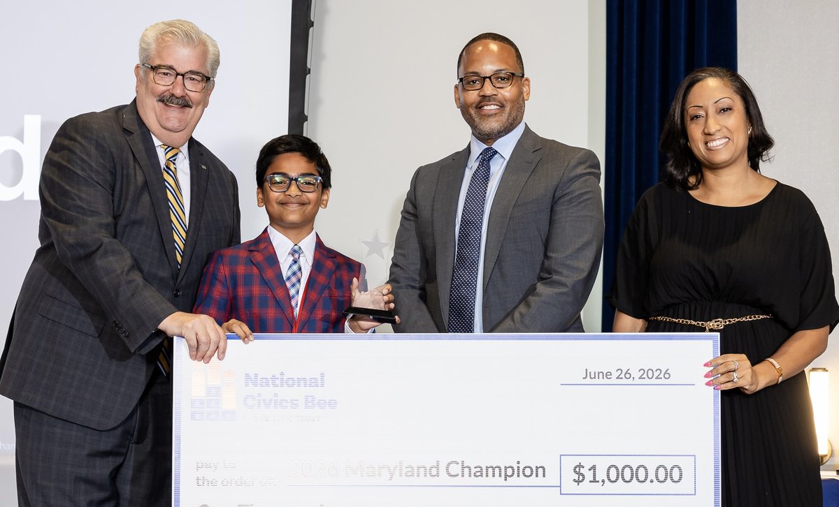 mdchamber's tweet photo. It’s events like the #NationalCivicsBee 🇺🇸 that make our work at the Maryland Chamber Foundation exceptionally rewarding. Congrats to the 2026 Maryland State Finals champion, Aayush of Howard County’s Mount View Middle, as well as our other participants and their families. 👏 https://t.co/viz7INXzVo