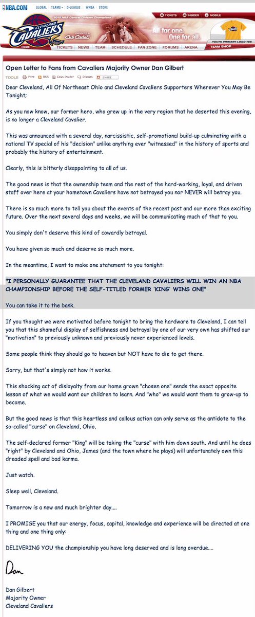 One2nv4's tweet photo. @KingJames Much better than that other owner’s goodbye message… https://t.co/QdPUSXSzGM
