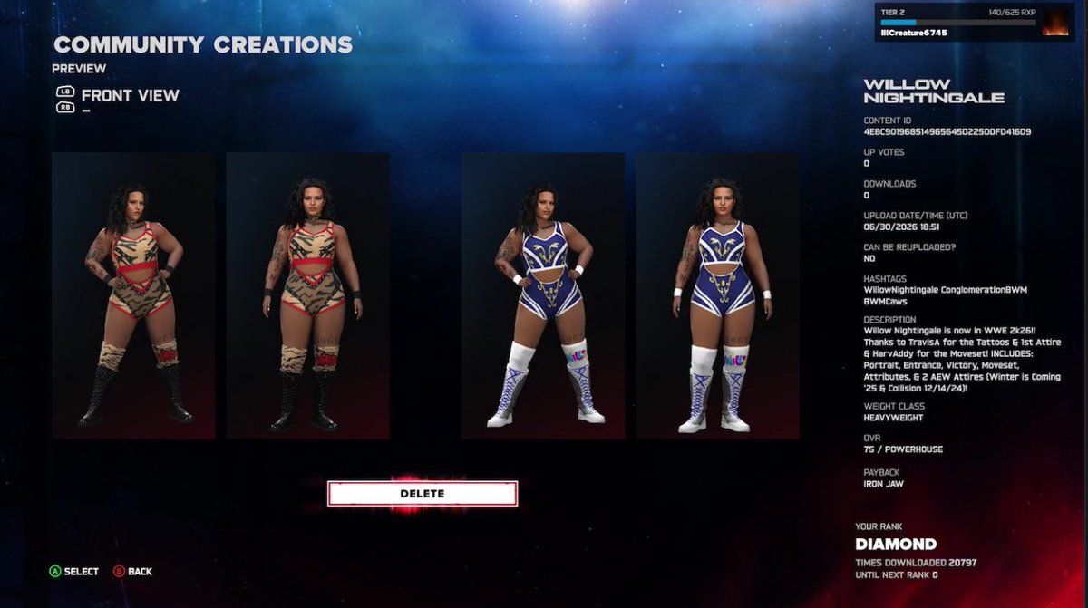 BWMCaws's tweet photo. NEW! #WWE2K26 Upload to Community Creations!

★ Willow Nightingale (@willowwrestles)

★ Search Tag → BWMCaws

★ INCLUDES
● Render
● Tattoos (@travisalekz)
● AEW Winter is Coming ‘25 (@travisalekz)
● AEW Collision 12/14/24
● Moveset (@HarvAddy)
● Only Base Game Required! https://t.co/9BkFSEV9nF
