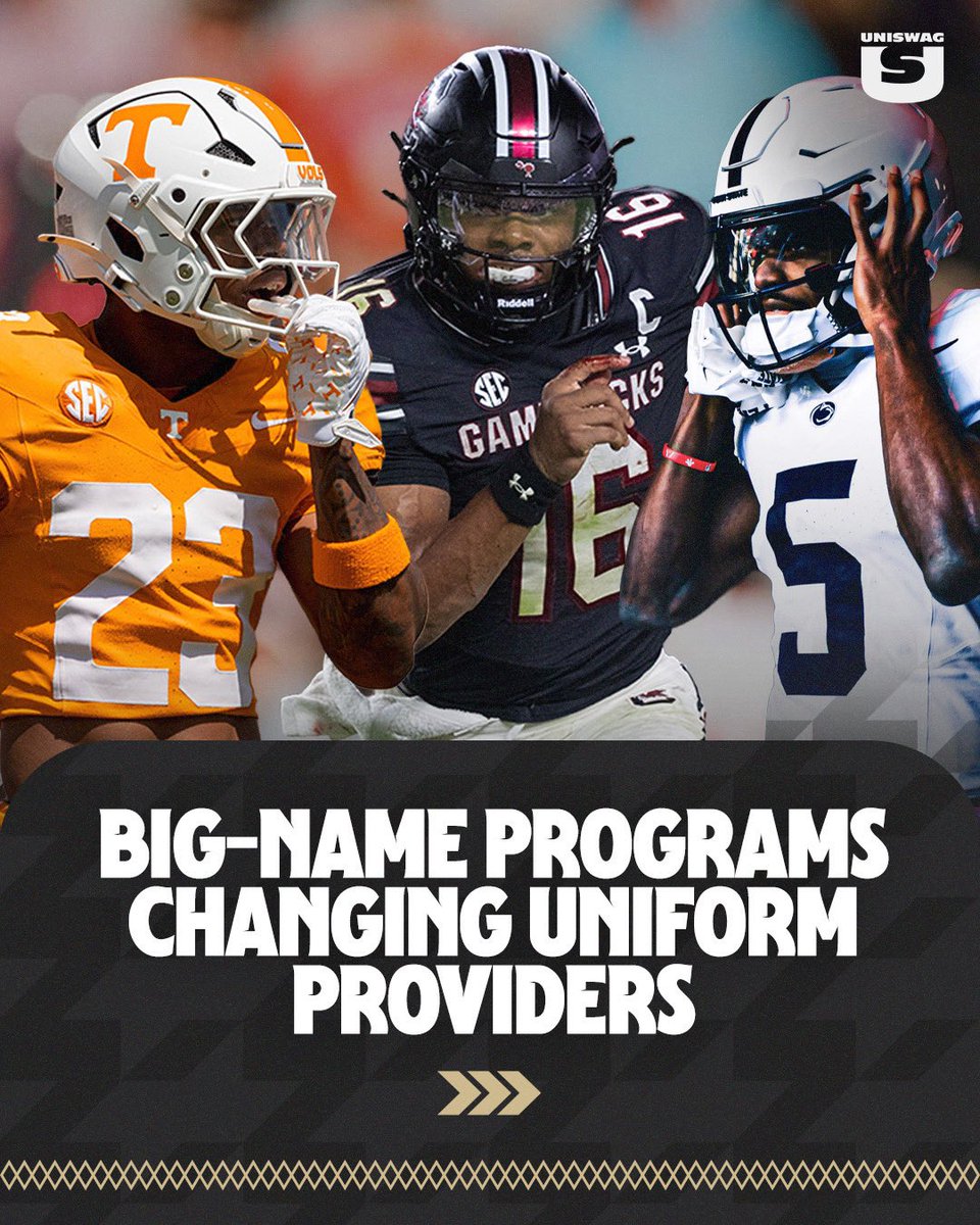 UNISWAG's tweet photo. Some major universities are switching their uniform providers starting tomorrow.

South Carolina to Nike
Penn State to Adidas
Tennessee to Adidas
Rice to Nike
Georgia Tech to Under Armour

#uniswag https://t.co/dQuzfNWARx