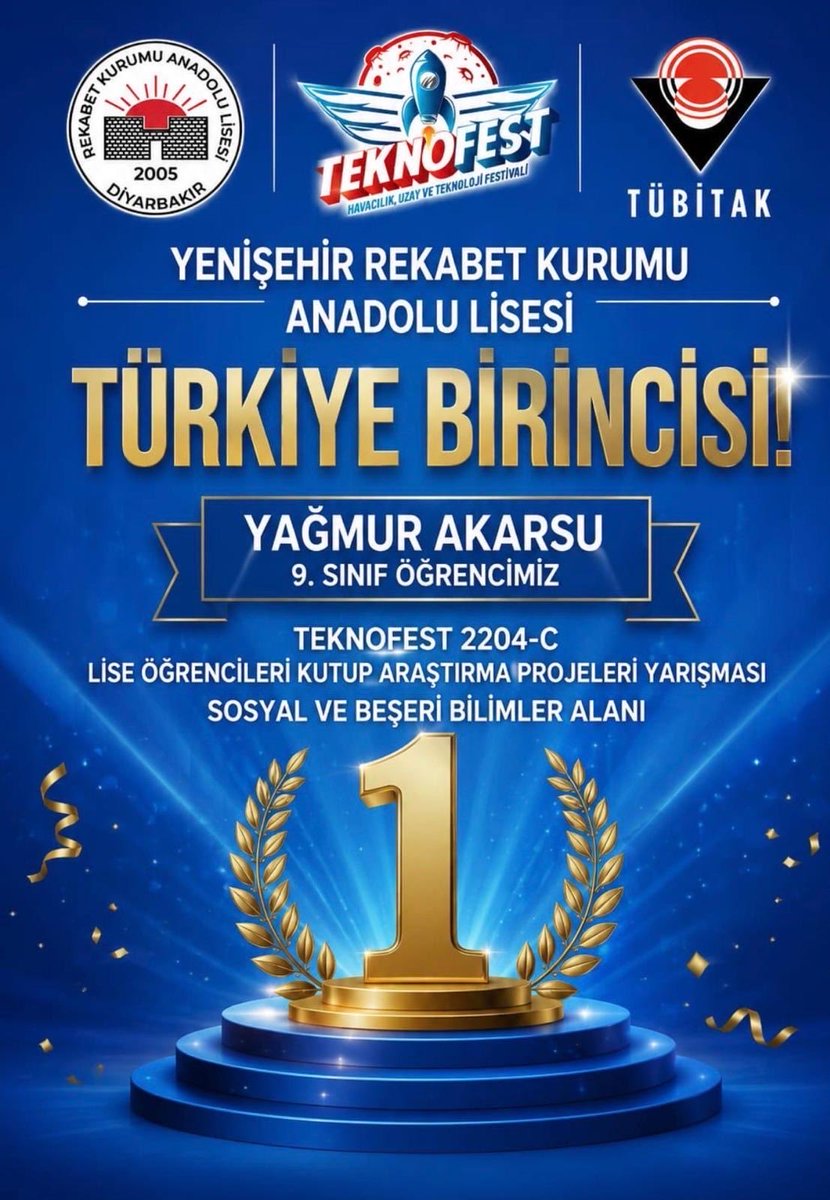 YenisehirMEM's tweet photo. Rekabet Kurumu Anadolu Lisesi öğrencimiz Yağmur Akarsu Teknofest 2204-C Lise Öğrencileri Kutup Araştırma Projeleri yarışmasında “Sosyal ve Beşeri Bilimler”alanında Türkiye 1️⃣.si olmuştur.
@Yusuf__Tekin @vali_zorluoglu @Yunus__ATAMAN @sadoglu_salih @husamettin_atli https://t.co/tvX6gIPBu9