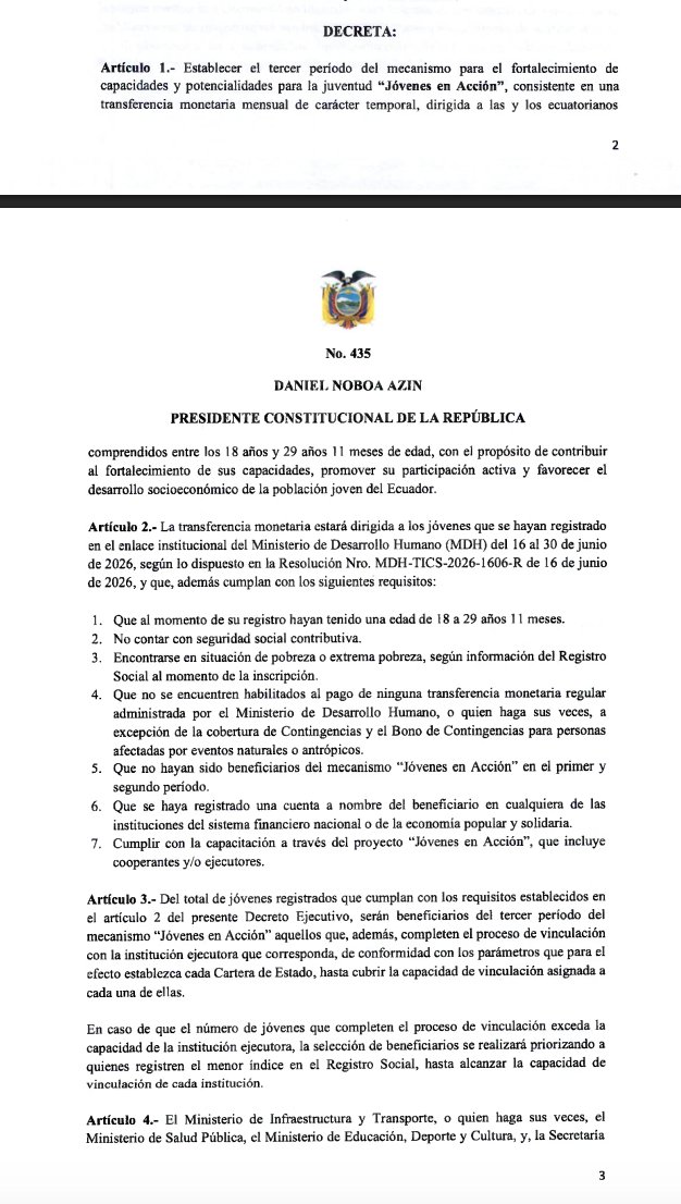 ecuainm_oficial's tweet photo. ‼️#URGENTE
El presidente Daniel Noboa emitió el Decreto Ejecutivo 435, con el que establece el tercer período del programa "Jóvenes en Acción". La iniciativa otorgará una transferencia mensual temporal de USD 400 durante tres meses a jóvenes de entre 18 y 29 años 11 meses que cumplan los requisitos establecidos, entre ellos estar registrados por el Ministerio de Desarrollo Humano, no tener seguridad social contributiva y participar en las actividades definidas por las instituciones ejecutoras.